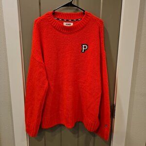 Victoria’s Secret Pink Campus Oversized  Pullover Crochet Sweater Neon Red L